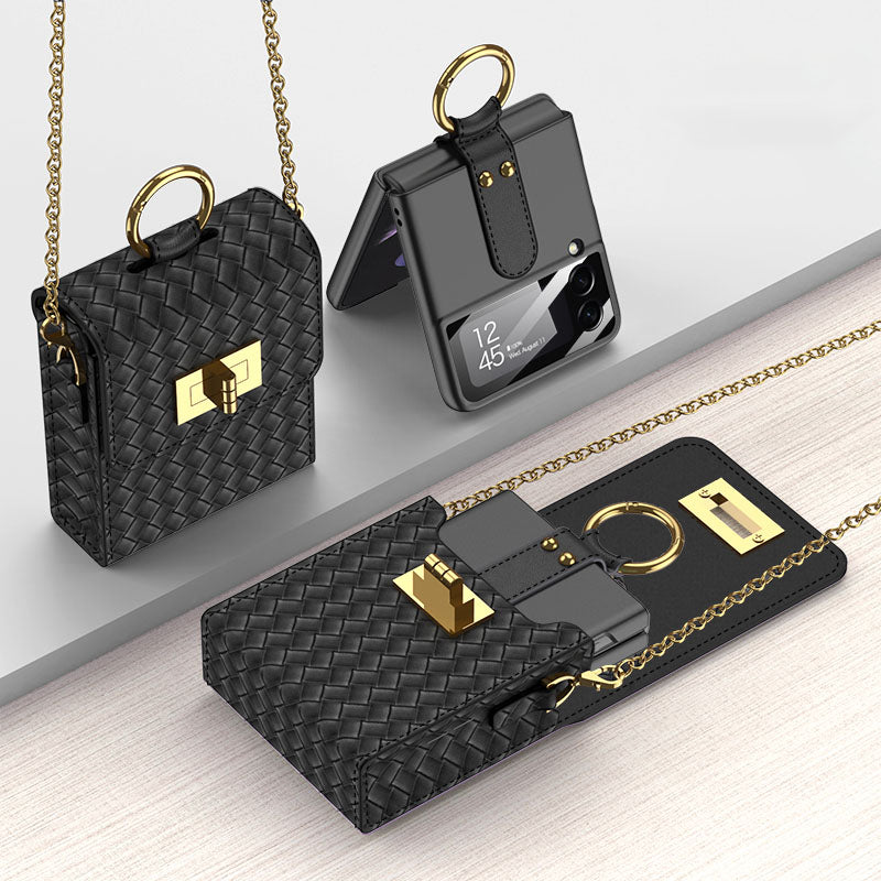 Luxury Leather Mini Phone Bag with Gold Chain For Samsung Galaxy Z Flip4 Flip3 5G - GiftJupiter