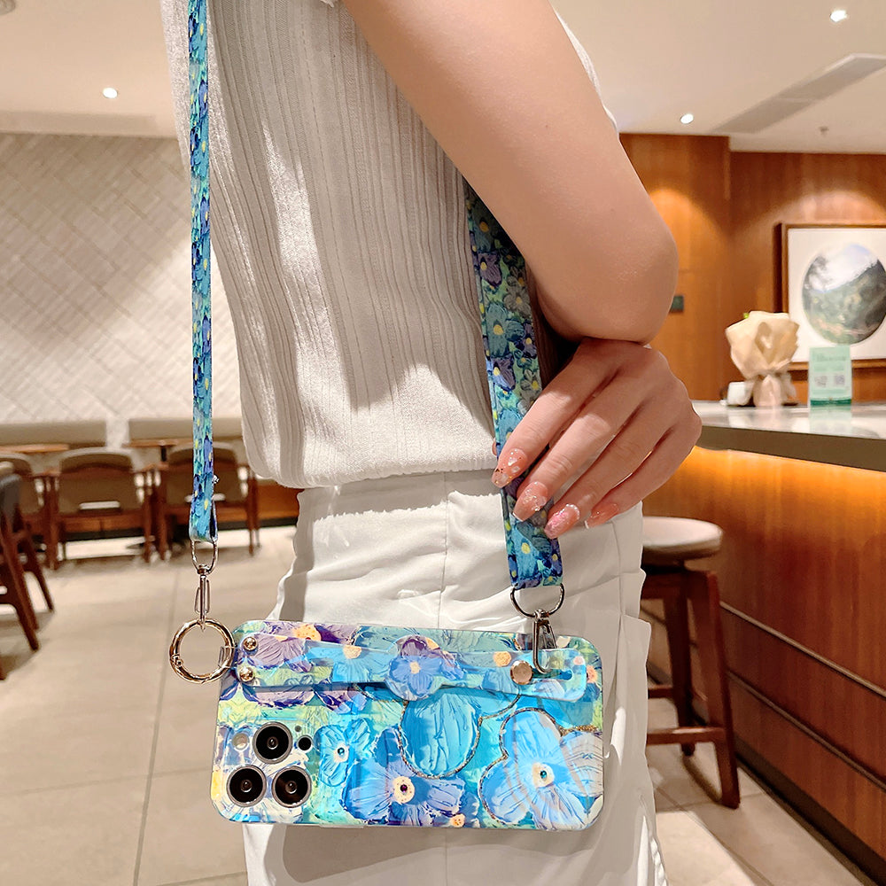 Purple Oil Painting Flower Wristband Holder with Lanyard iPhone Case