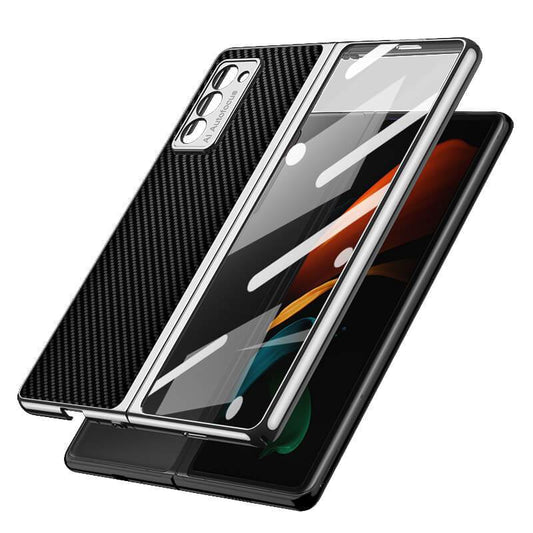 Luxury Leather Carbon Fiber Plating Case For Samsung Galaxy Z Fold4 Fold3 With Tempered Glass Screen - GiftJupiter