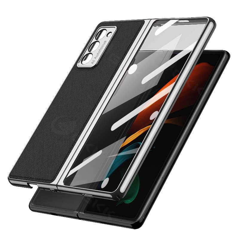 Luxury Leather Carbon Fiber Plating Case For Samsung Galaxy Z Fold4 Fold3 With Tempered Glass Screen - GiftJupiter