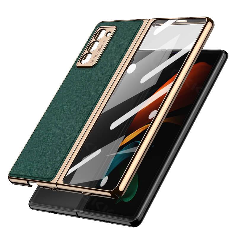 Luxury Leather Carbon Fiber Plating Case For Samsung Galaxy Z Fold4 Fold3 With Tempered Glass Screen - GiftJupiter