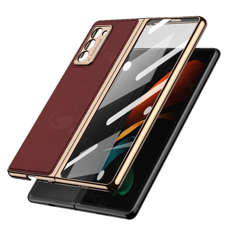 Luxury Leather Carbon Fiber Plating Case For Samsung Galaxy Z Fold4 Fold3 With Tempered Glass Screen - GiftJupiter