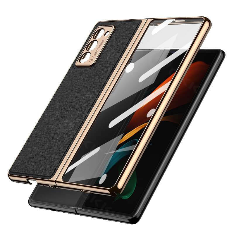 Luxury Leather Carbon Fiber Plating Case For Samsung Galaxy Z Fold4 Fold3 With Tempered Glass Screen - GiftJupiter