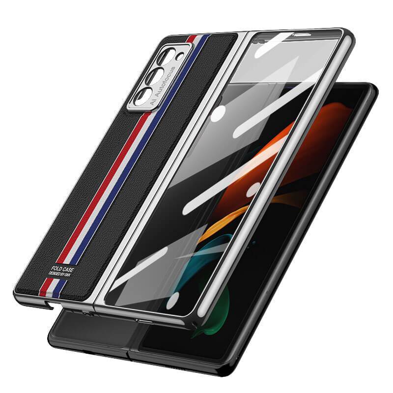 Luxury Leather Carbon Fiber Plating Case For Samsung Galaxy Z Fold4 Fold3 With Tempered Glass Screen - GiftJupiter