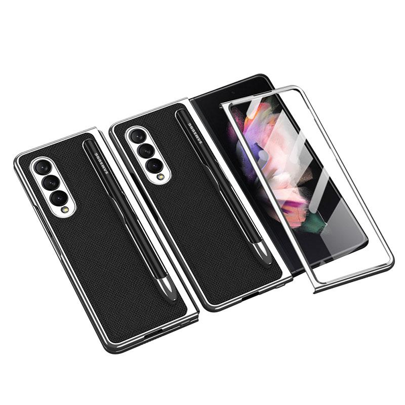 Luxury Leather Carbon Fiber Plating Case For Samsung Galaxy Z Fold4 Fold3 With Tempered Glass Screen - GiftJupiter