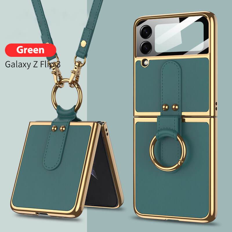 Original Leather Back Screen Tempered Glass Hard Frame Cover For Samsung Z Flip4 Flip3 5G With Lanyard - GiftJupiter
