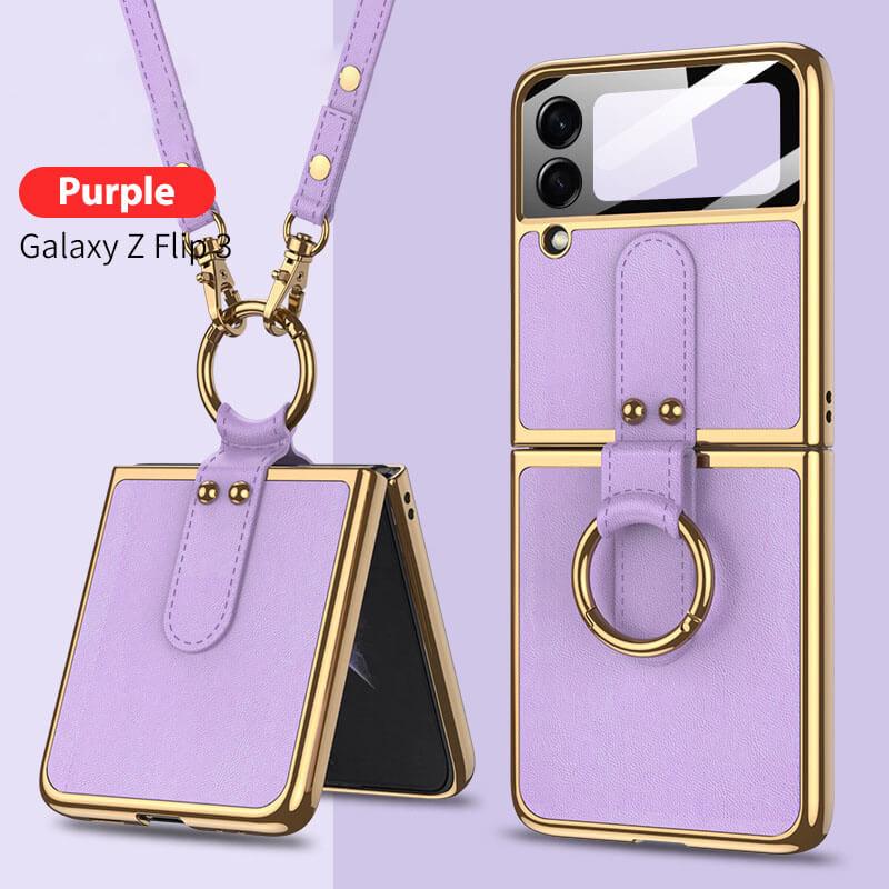 Original Leather Back Screen Tempered Glass Hard Frame Cover For Samsung Z Flip4 Flip3 5G With Lanyard - GiftJupiter