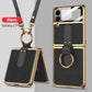 Original Leather Back Screen Tempered Glass Hard Frame Cover For Samsung Z Flip4 Flip3 5G With Lanyard - GiftJupiter