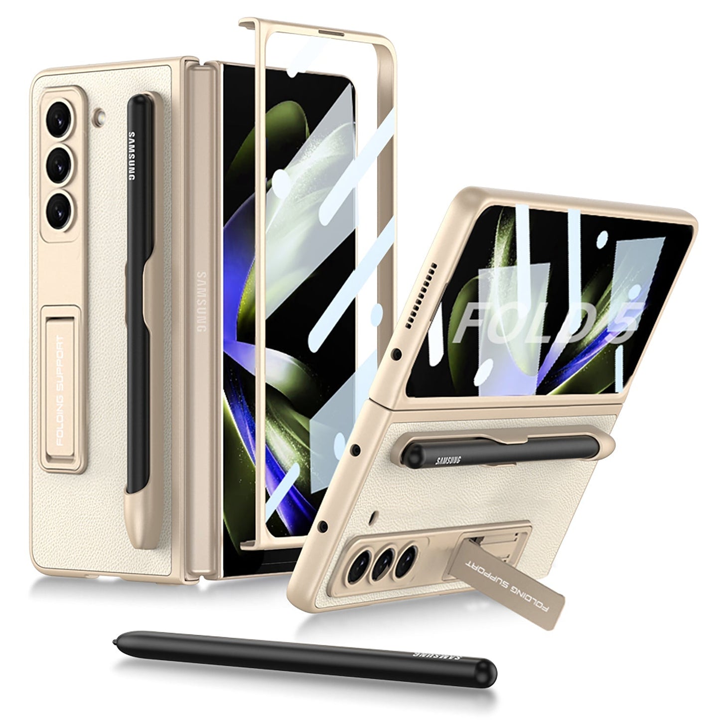 Slim Leather Samsung Galaxy Z Fold 5 Case with Front Screen Tempered Glass Protector & Pen Slot & Stylus - mycasety2023 Mycasety