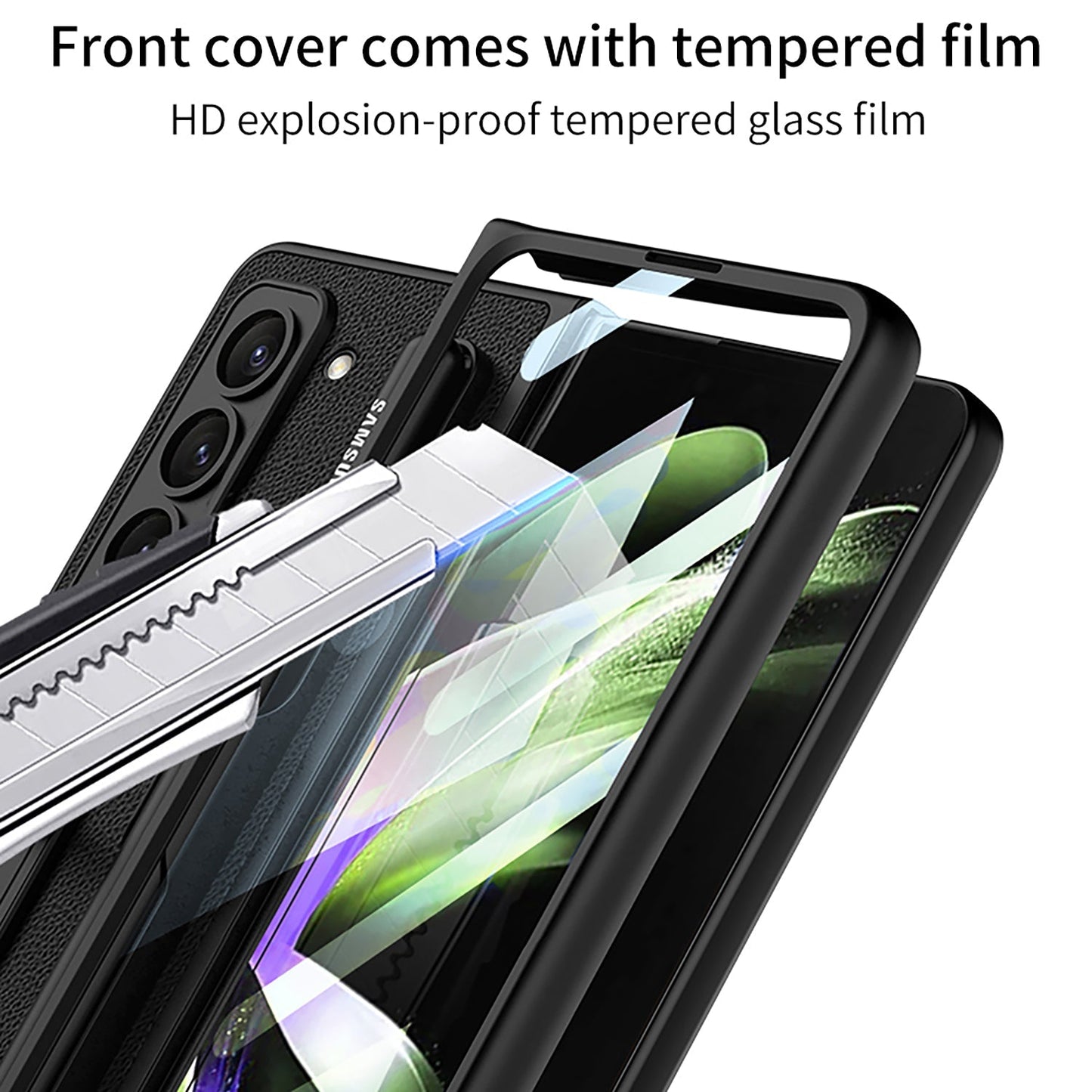 Slim Leather Samsung Galaxy Z Fold 5 Case with Front Screen Tempered Glass Protector & Pen Slot & Stylus - mycasety2023 Mycasety