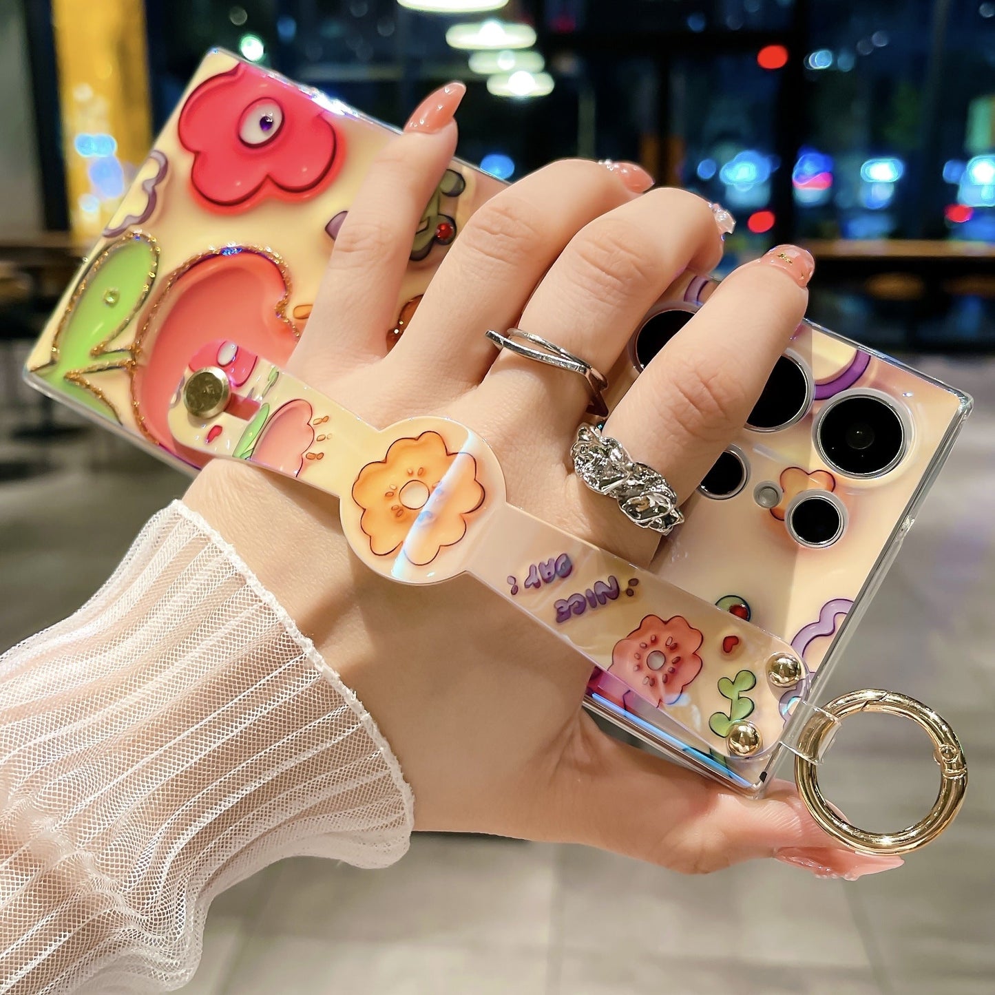 Glitter Blue Light 3D Tulips Case for Samsung Galaxy S23 S23Ultra S23Plus Soft Silicone With Wrist Strap Support Stand Shell