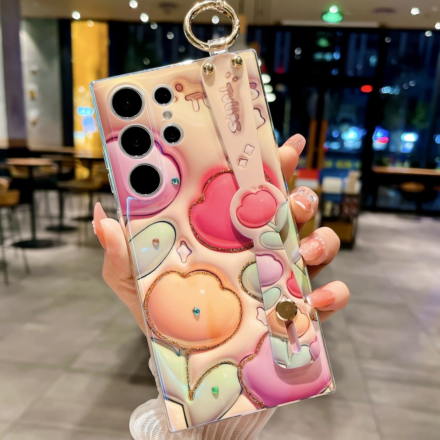 Glitter Blue Light 3D Tulips Case for Samsung Galaxy S23 S23Ultra S23Plus Soft Silicone With Wrist Strap Support Stand Shell