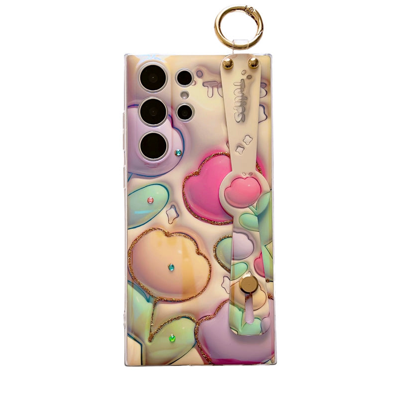 Glitter Blue Light 3D Tulips Case for Samsung Galaxy S23 S23Ultra S23Plus Soft Silicone With Wrist Strap Support Stand Shell